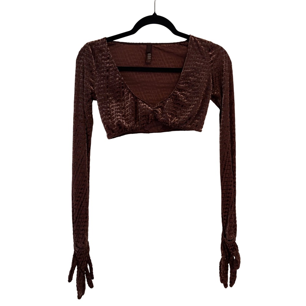 Skims Velvet Monogram Long Sleeve Crop Top Jasper Brown Glove Detail Small